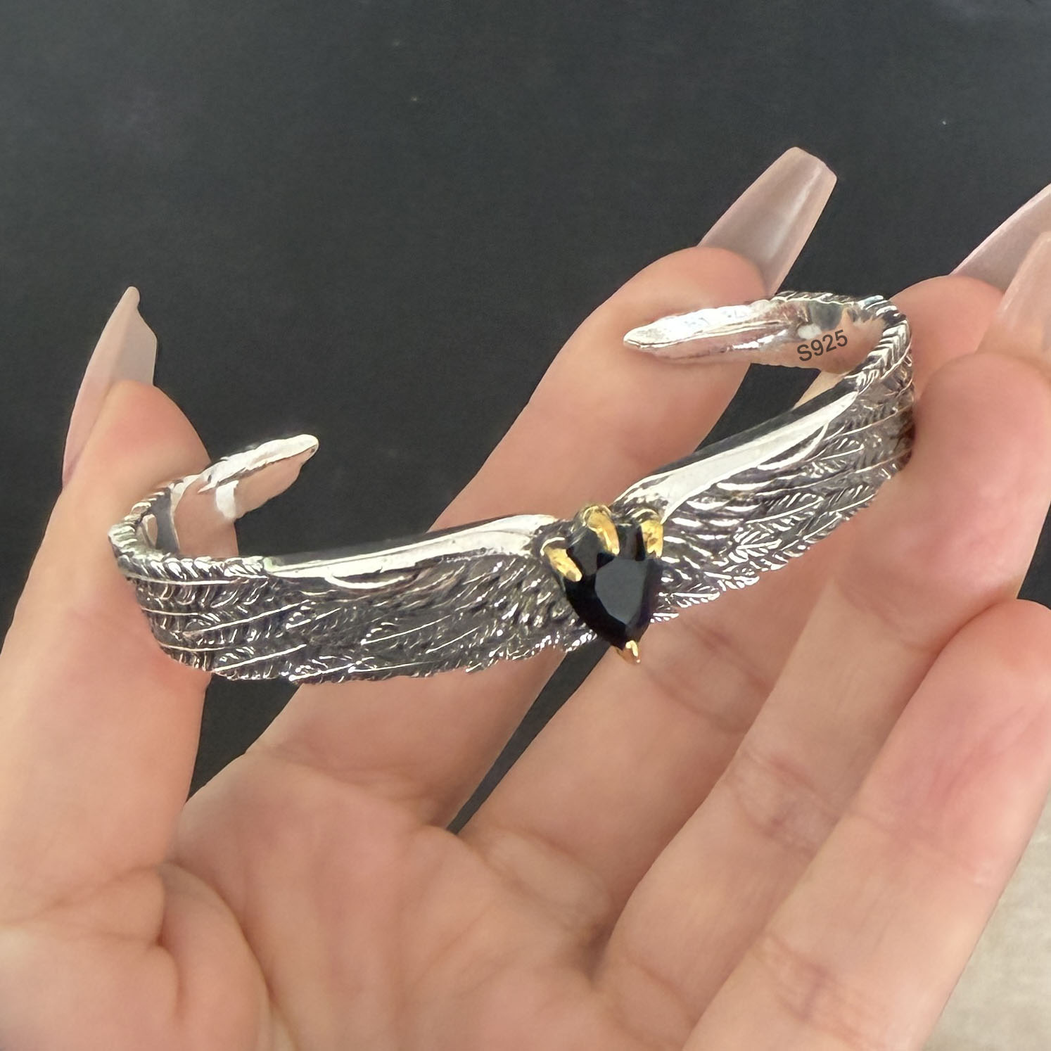 Resin Bangle Bracelet - 100% ソリッド 925 スターリングシルバーレトロブレスレット女性男性用ヴィンテージ手作りヘビーブラック CZ ウィングシンプルブレスレット誕生日ギフト