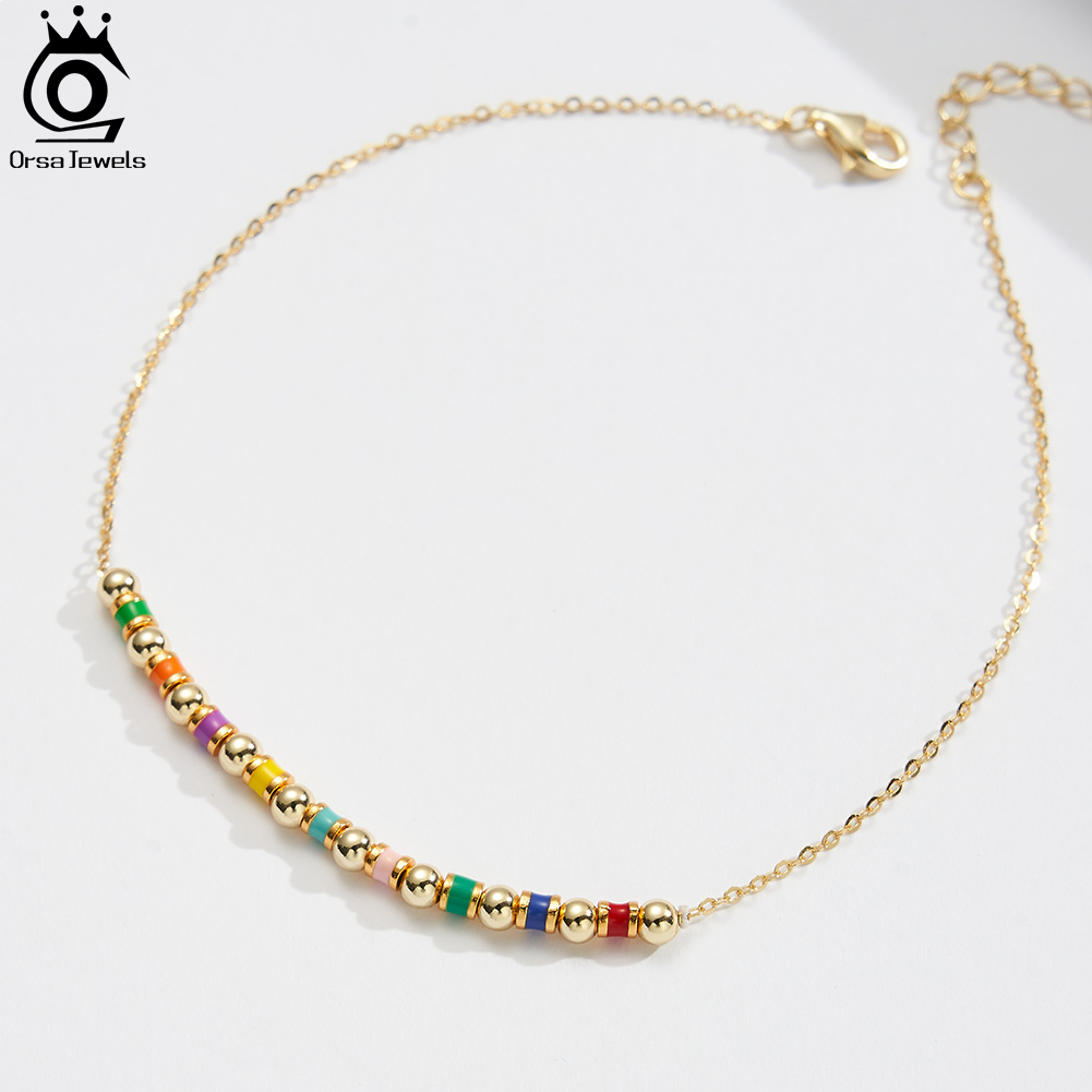 Beaded Anklet Chain - ORSA JEWELS 925 スターリングシルバービーズチャームアンクレット女性用 14k ゴールドメッキビーチボヘミアフットリンクチェーンジュエリーギフト