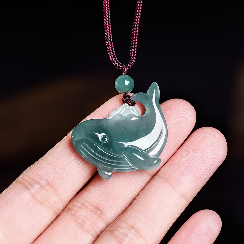 Women Accessories To Gift - 天然ビルマ翡翠クジラペンダントネックレスアクセサリー本物の翡翠チャーム彫刻お守りジュエリー宝石ギフト女性のための