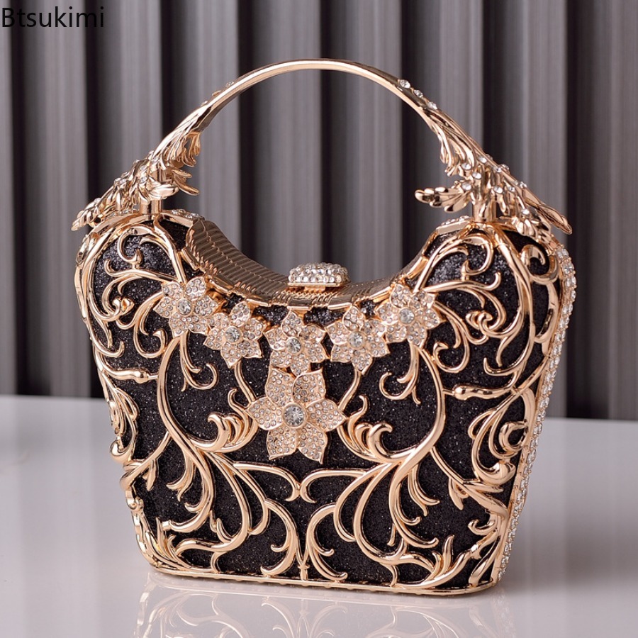 Wallet Chain Bag - 中空金属製イブニングバッグ女性のファッション光沢のあるパーティー宴会ハンドバッグエレガントな高級クラッチバッグチェーンショルダーバッグ財布