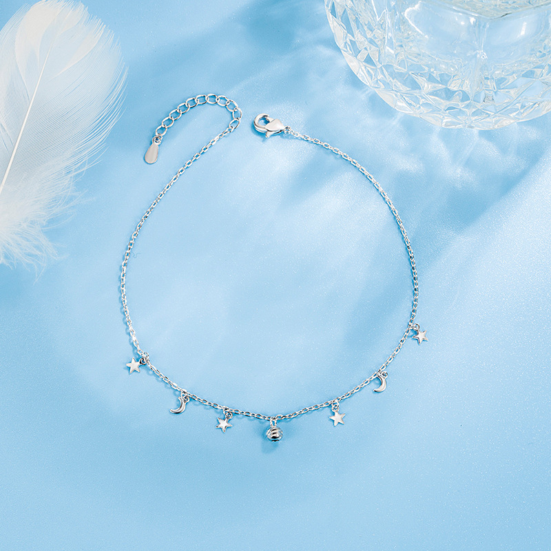 Beaded Anklet Chain - 女性のためのKOFSAC-925スターリングシルバーのアンクレット,薄い足のチェーン,月と星のビーズ,ユニークな薄いチェーン,シンプルな毎日のスタイル,ロマンチックで高品質