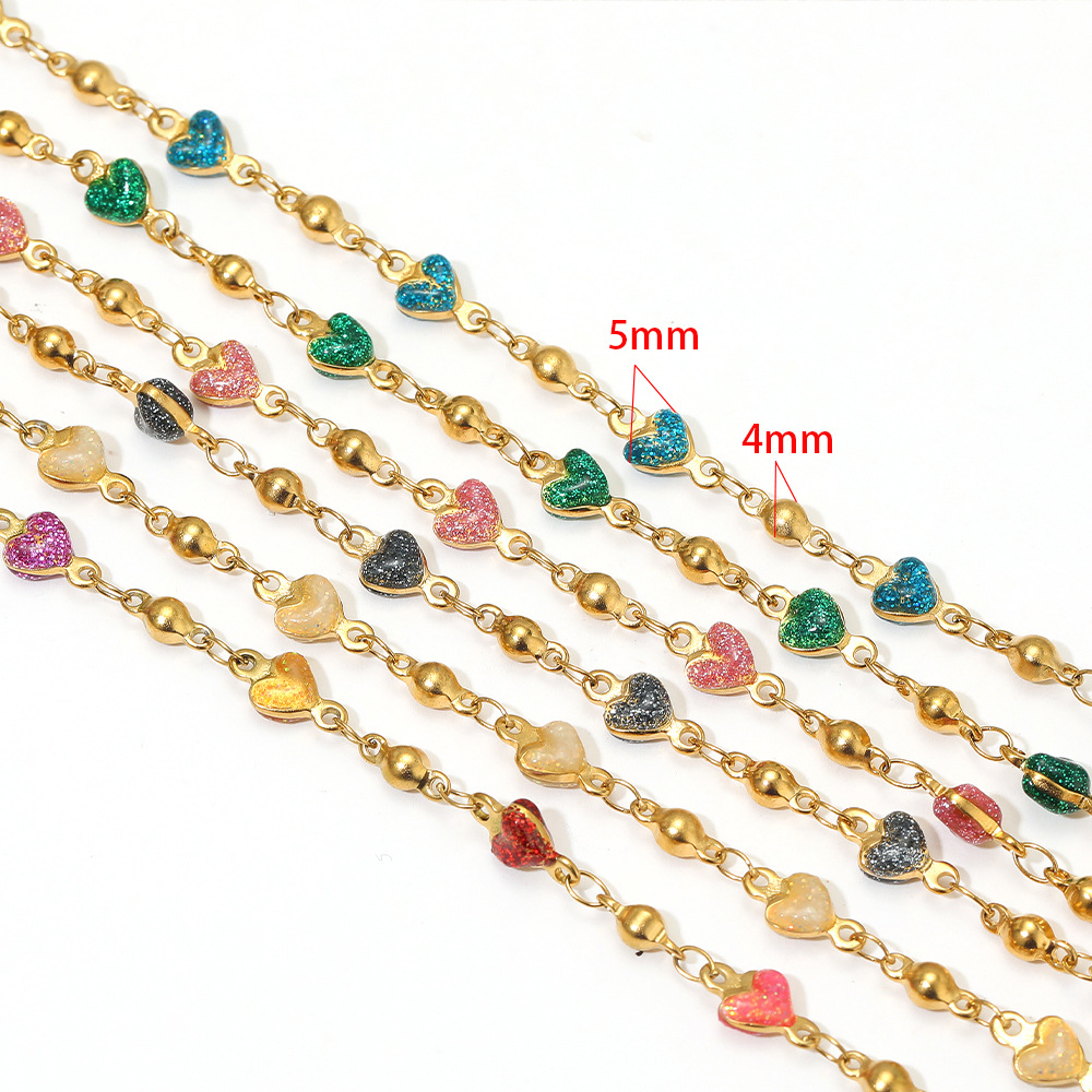 Beaded Anklet Chain - 1メートルステンレス鋼5mm幅ハートエナメルビーズチェーン、DIY繊細なジュエリーイヤリング製作、ネックレス、アンクレットアクセサリー用