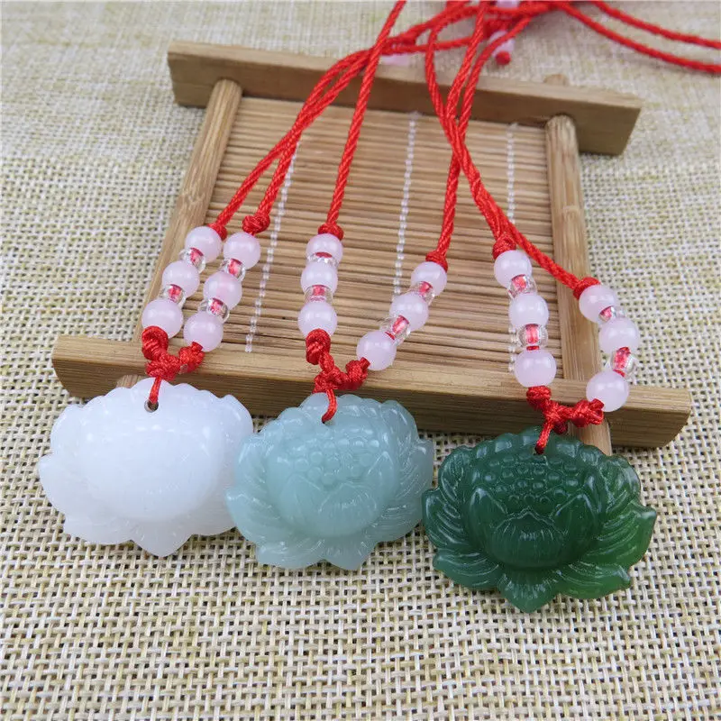 天然の緑色の翡翠で作られた蓮の花のペンダントビーズネックレス - Women Accessories To Gift のレビューと価格