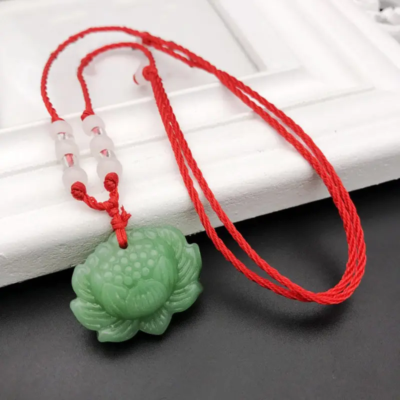 天然の緑色の翡翠で作られた蓮の花のペンダントビーズネックレス - Women Accessories To Gift のレビューと価格